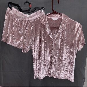 Danskin Crushed Velour Shorts PJ Pajama Set Womens S Pink Button Up Short Sleeve